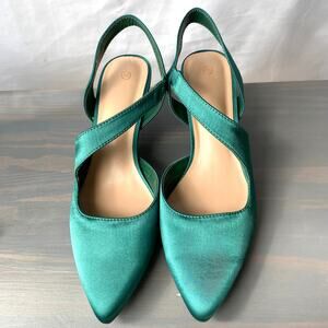 mysoft Slingback Satin Pumps Women Size 10 Green Comfort Low Heel Wedding NEW